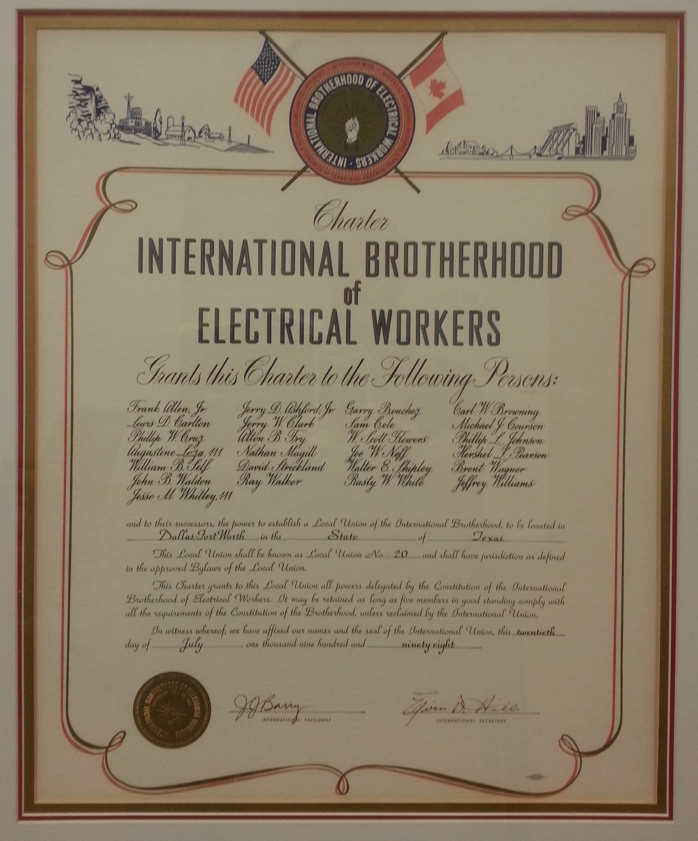 Picture of the original Charter of IBEW Local 20